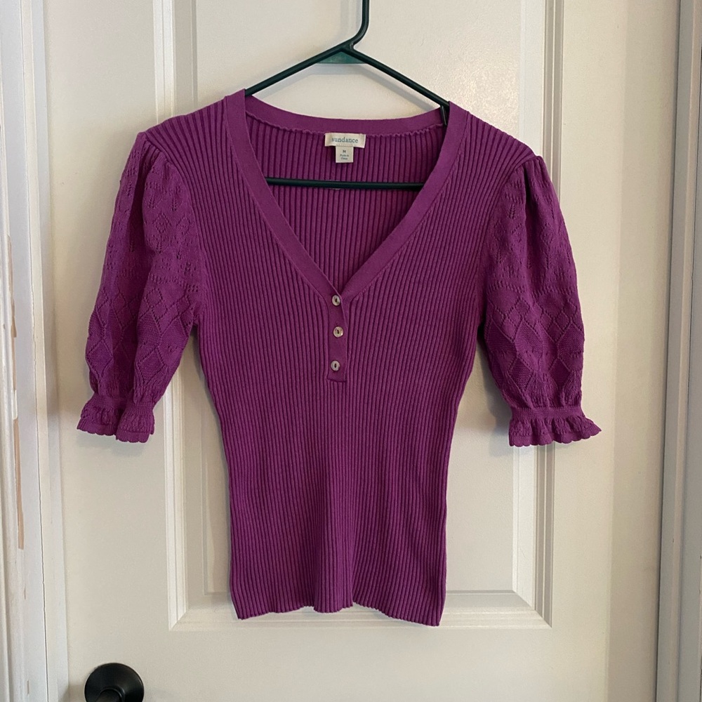 Sundance Purple Ribbed Y2K Puff Decorative Sleeve Knit Top